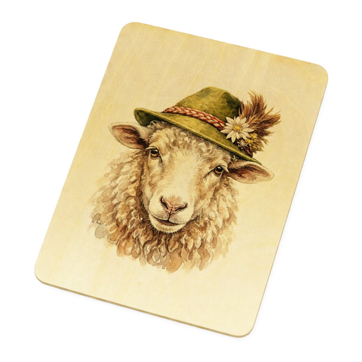 Schaf mit alpenländischem Trachtenhut Postkarte aus Holz