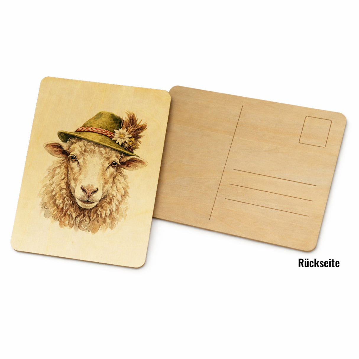 Schaf mit alpenländischem Trachtenhut Postkarte aus Holz