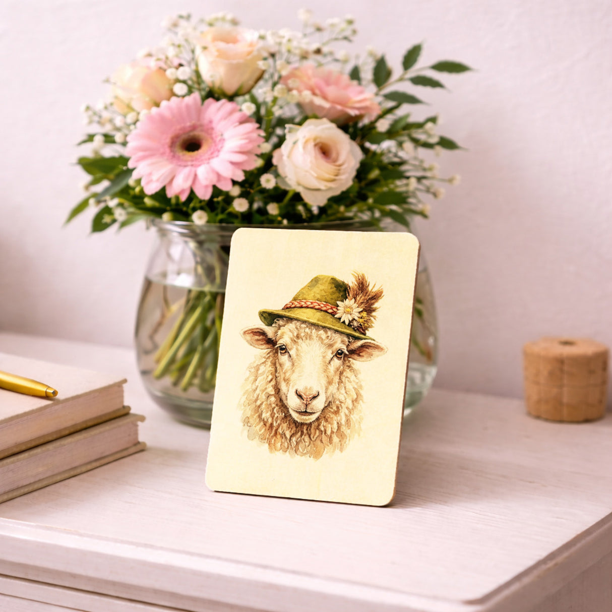Schaf mit alpenländischem Trachtenhut Postkarte aus Holz