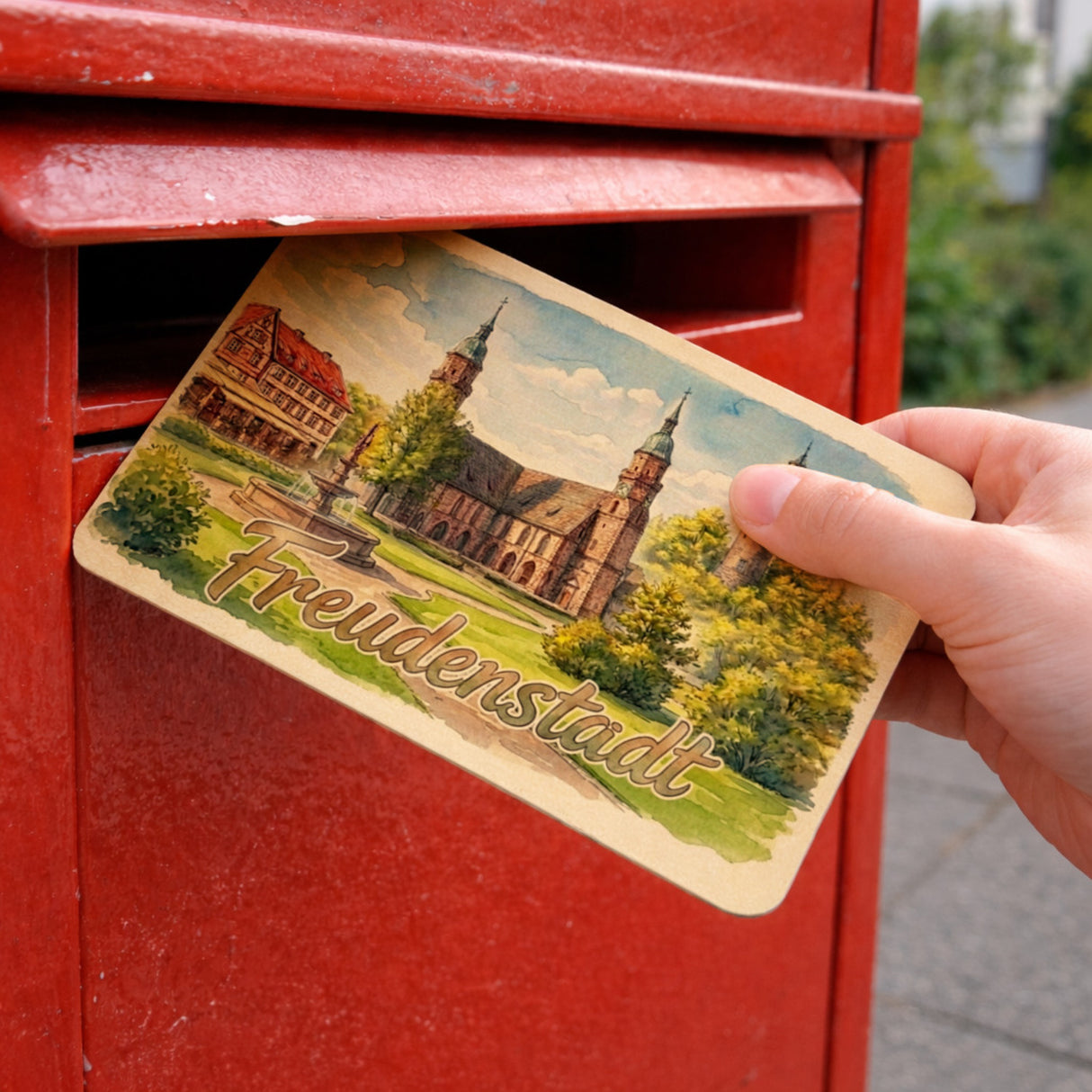 Aquarell Freudenstadt Postkarte aus Holz mit Kirche