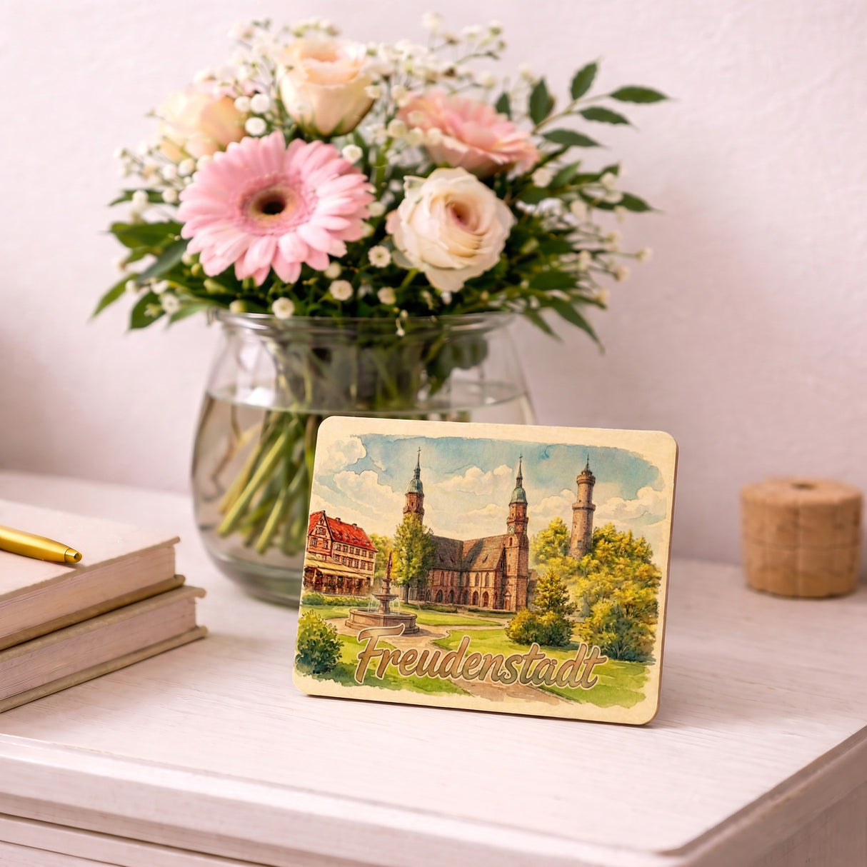 Aquarell Freudenstadt Postkarte aus Holz mit Kirche