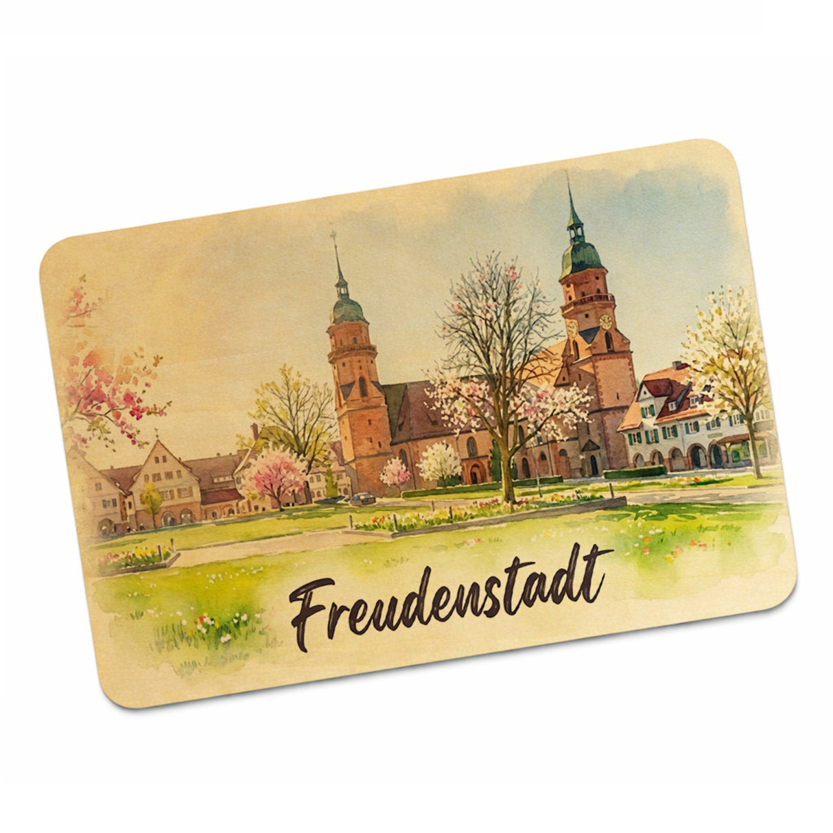 Aquarellkirche Freudenstadt Postkarte aus Holz mit Kirschblüten