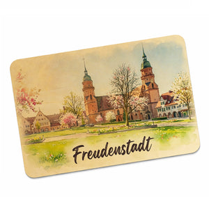 Aquarellkirche Freudenstadt Postkarte aus Holz mit Kirschblüten