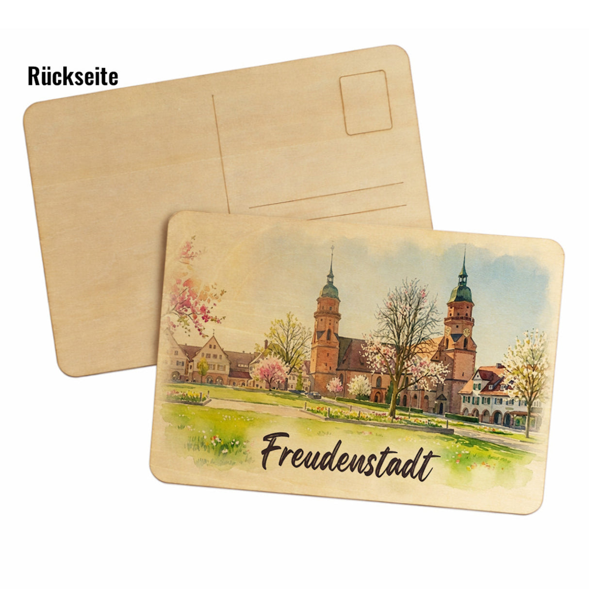 Aquarellkirche Freudenstadt Postkarte aus Holz mit Kirschblüten