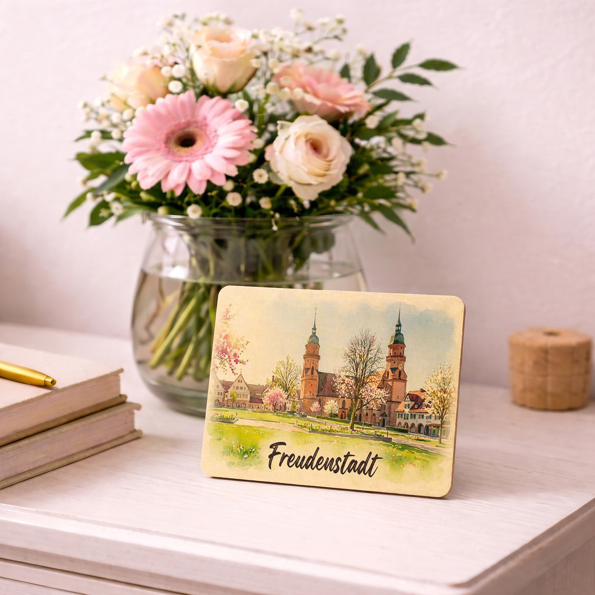 Aquarellkirche Freudenstadt Postkarte aus Holz mit Kirschblüten