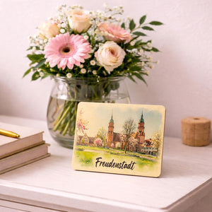Aquarellkirche Freudenstadt Postkarte aus Holz mit Kirschblüten