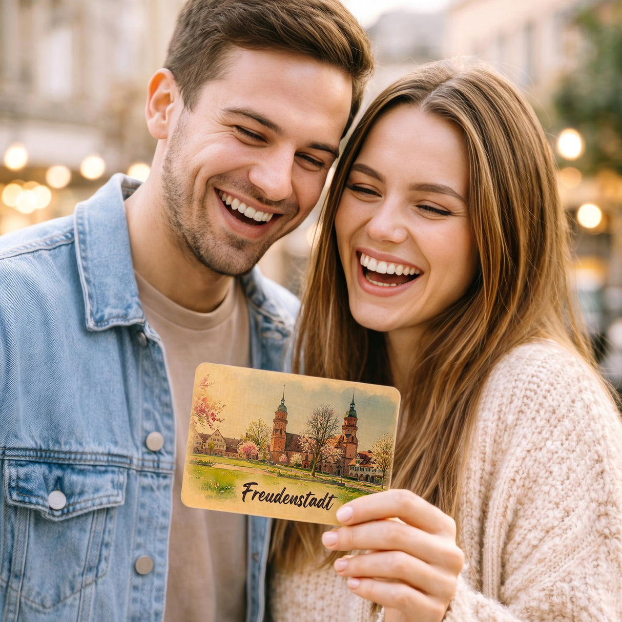 Aquarellkirche Freudenstadt Postkarte aus Holz mit Kirschblüten