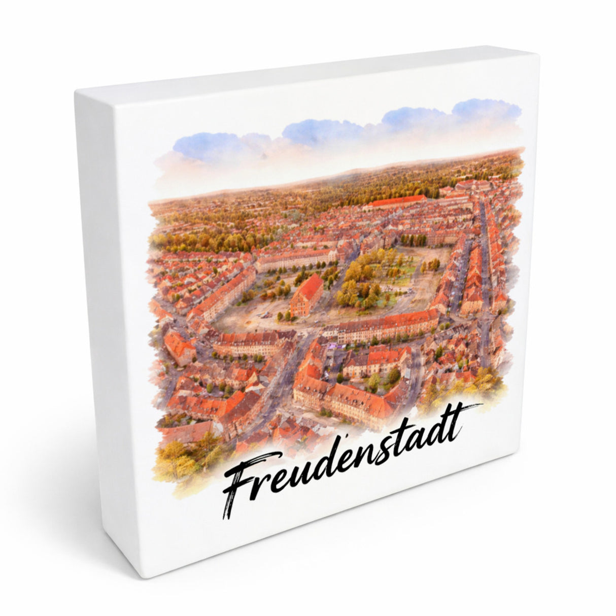 Freudenstadt Holzbild in 10x10 cm zum Stellen oder Aufhängen Luftbild Aquarell