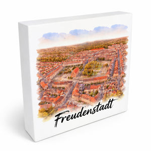 Freudenstadt Holzbild in 10x10 cm zum Stellen oder Aufhängen Luftbild Aquarell