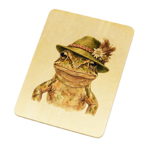 Grasfrosch mit alpenländischem Trachtenhut Postkarte aus Holz