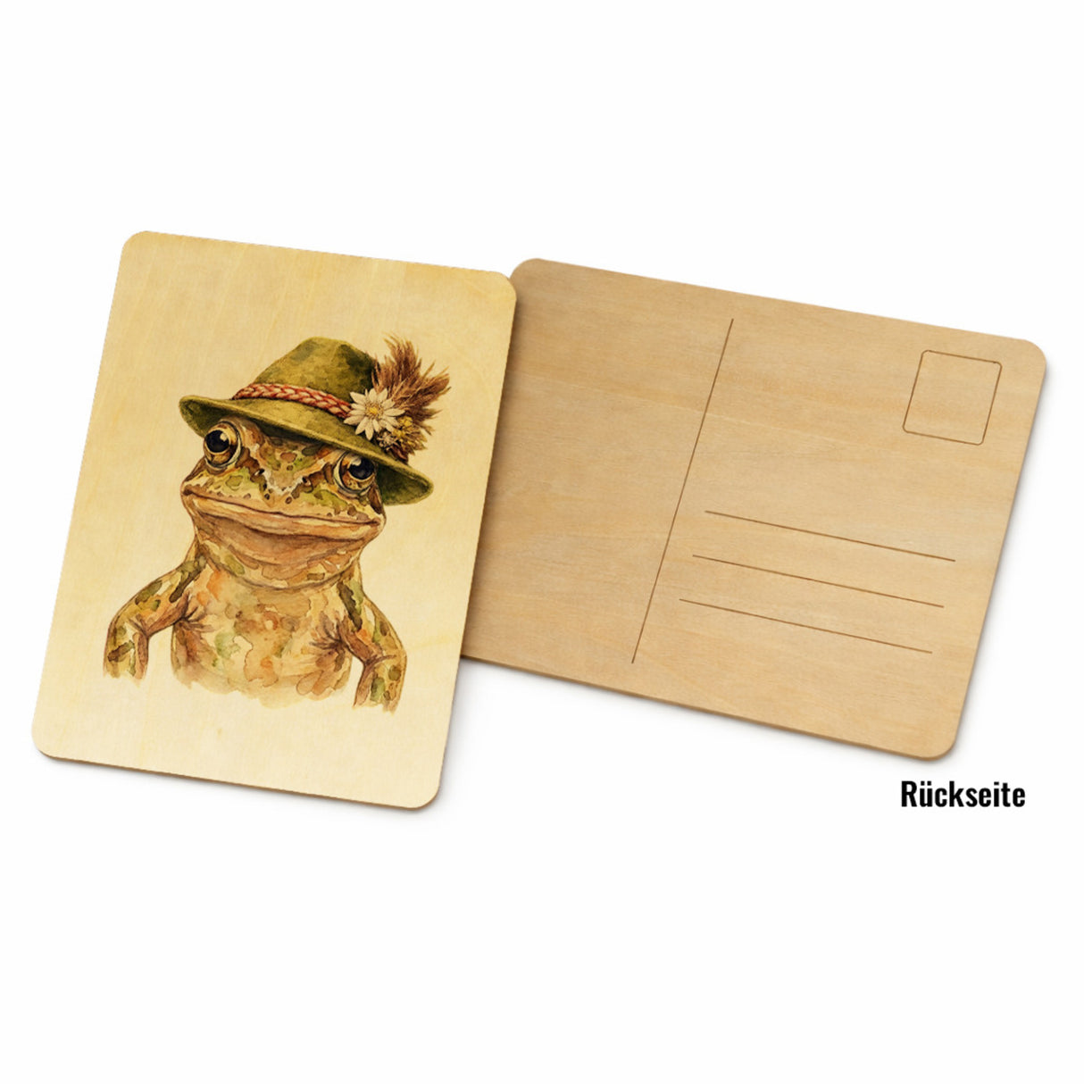 Grasfrosch mit alpenländischem Trachtenhut Postkarte aus Holz
