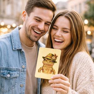 Grasfrosch mit alpenländischem Trachtenhut Postkarte aus Holz