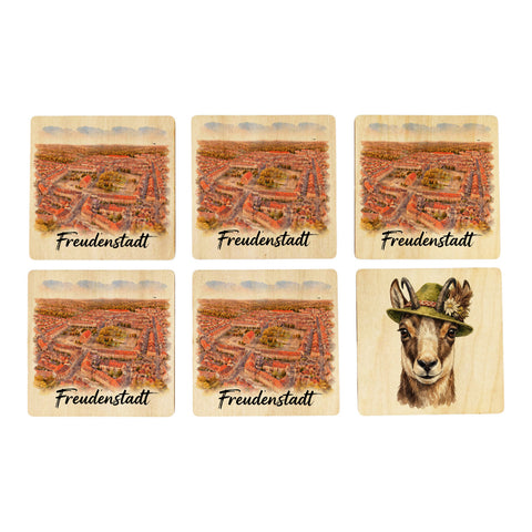 Freudenstadt 6er Set Untersetzer aus Holz Luftbild Aquarell