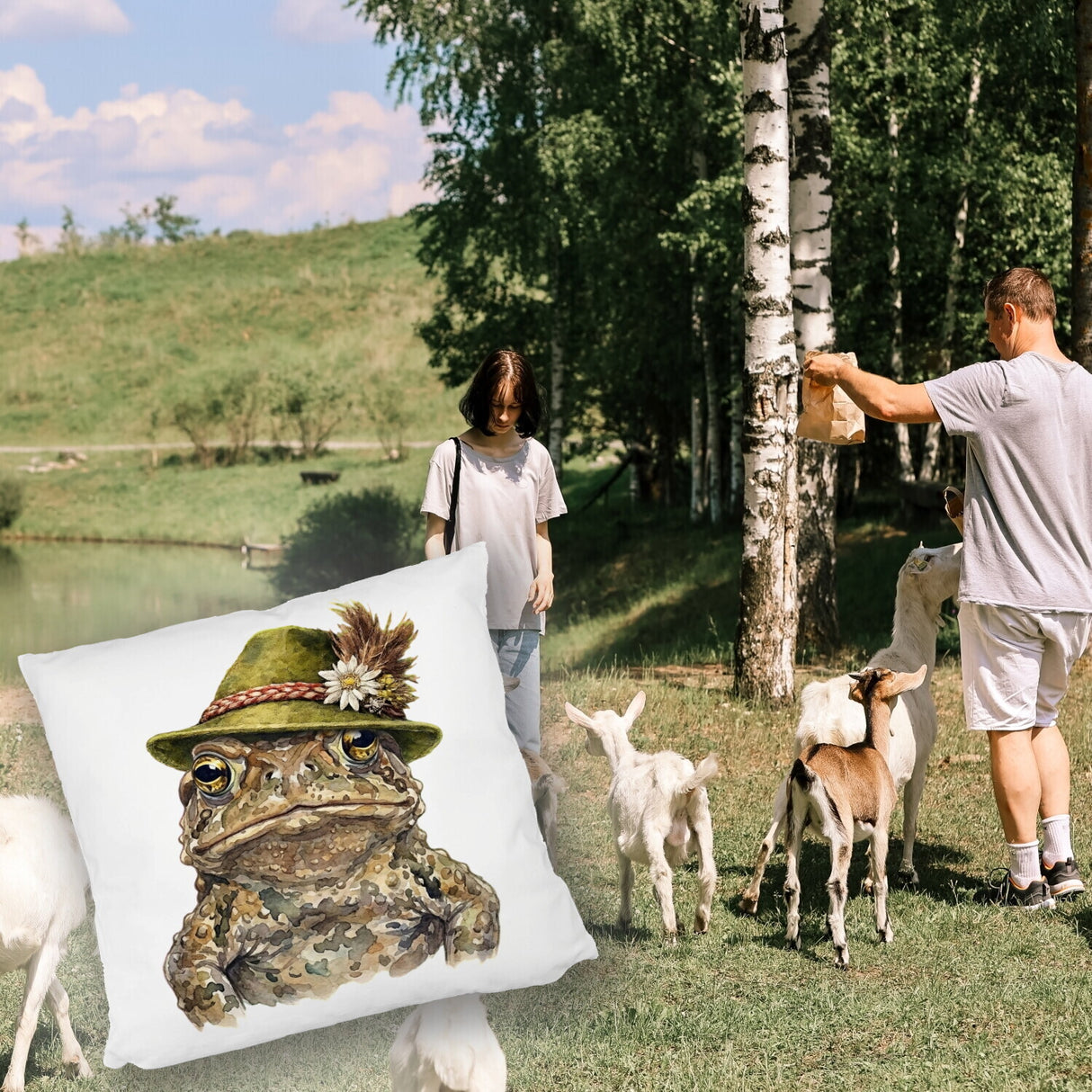 Erdkröte mit alpenländischem Trachtenhut Kissen