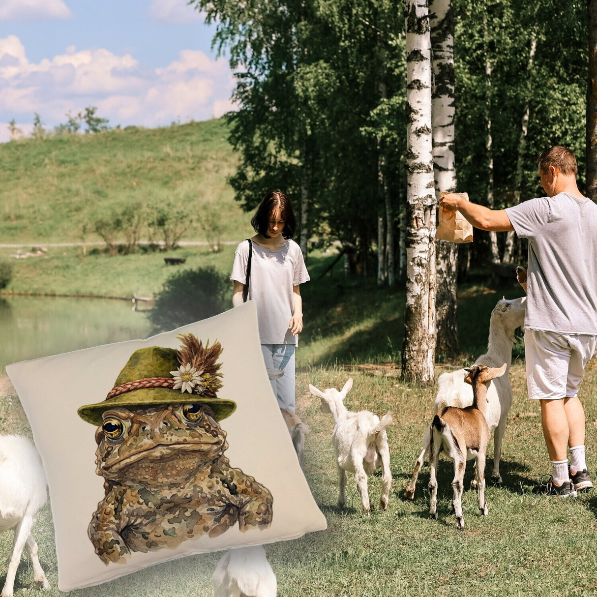 Erdkröte mit alpenländischem Trachtenhut Kissen