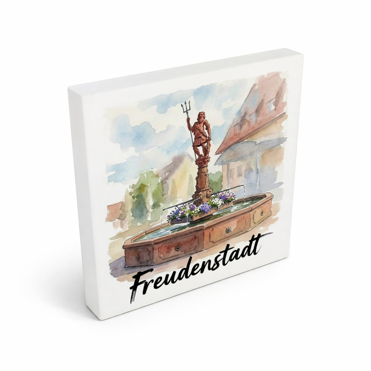 Brunnen Freudenstadt Holzbild in 10x10 cm zum Stellen oder Aufhängen mit Aquarellmotiv