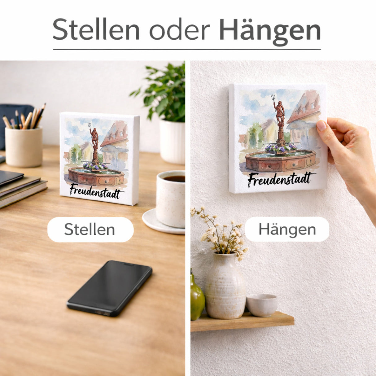 Brunnen Freudenstadt Holzbild in 10x10 cm zum Stellen oder Aufhängen mit Aquarellmotiv