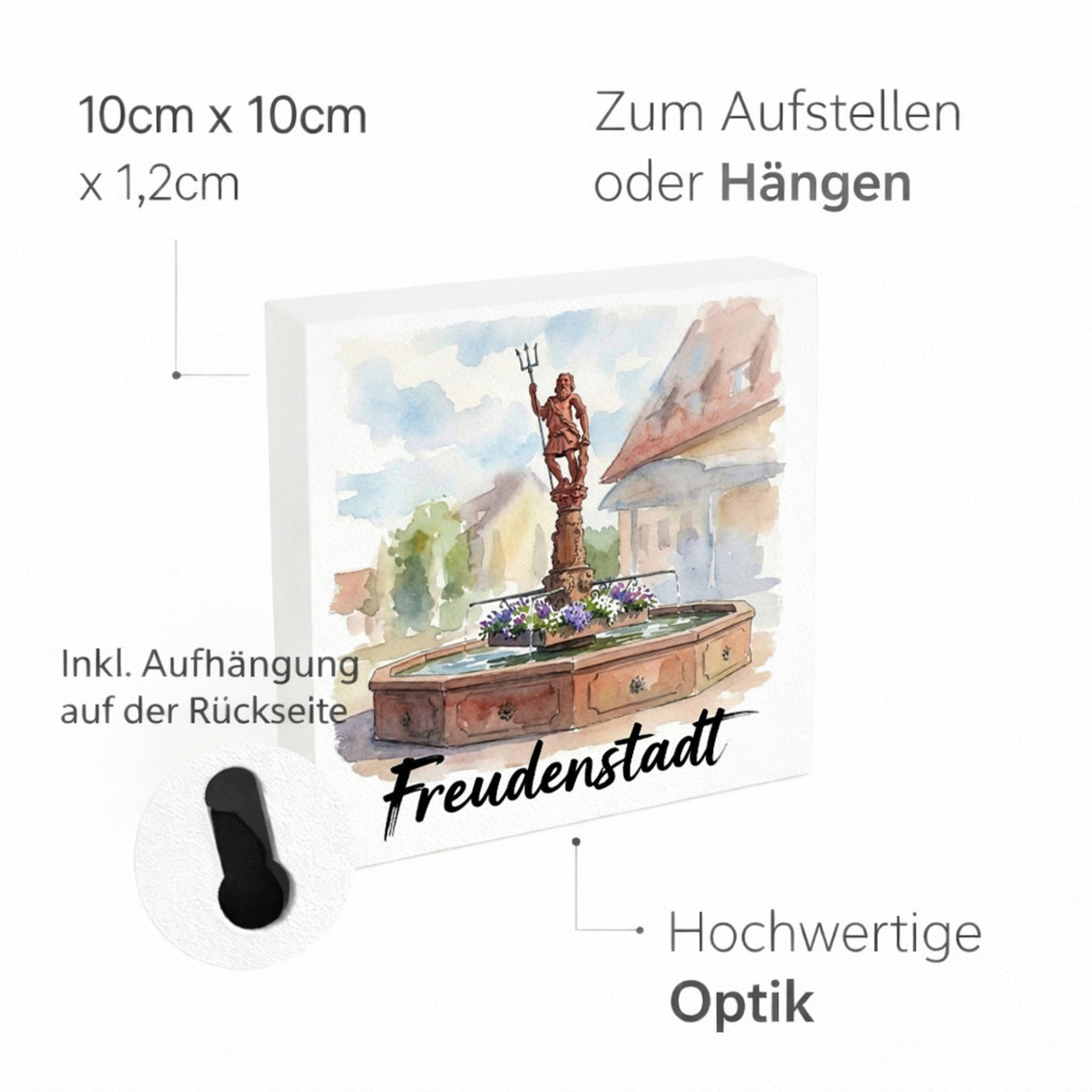 Brunnen Freudenstadt Holzbild in 10x10 cm zum Stellen oder Aufhängen mit Aquarellmotiv