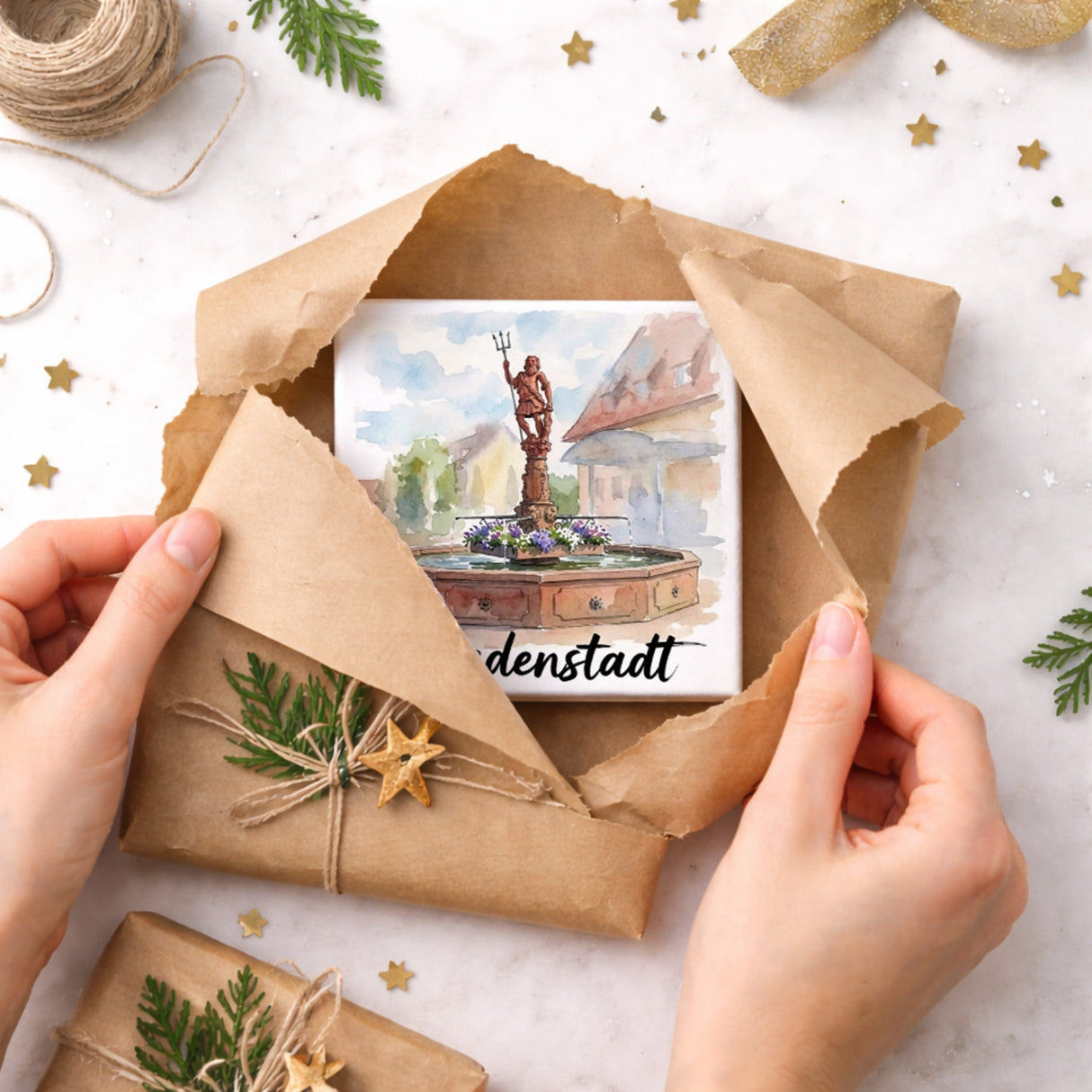 Brunnen Freudenstadt Holzbild in 10x10 cm zum Stellen oder Aufhängen mit Aquarellmotiv