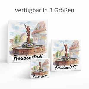 Brunnen Freudenstadt Holzbild in 10x10 cm zum Stellen oder Aufhängen mit Aquarellmotiv