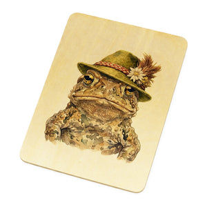 Erdkröte mit alpenländischem Trachtenhut Postkarte aus Holz