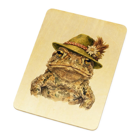 Erdkröte mit alpenländischem Trachtenhut Postkarte aus Holz