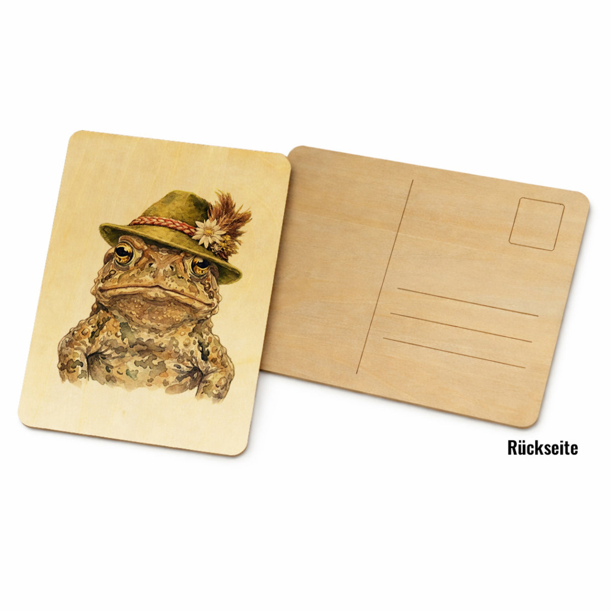 Erdkröte mit alpenländischem Trachtenhut Postkarte aus Holz