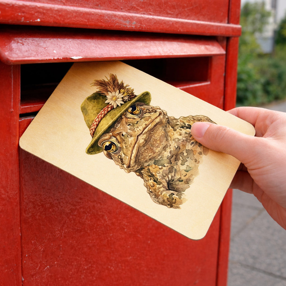 Erdkröte mit alpenländischem Trachtenhut Postkarte aus Holz