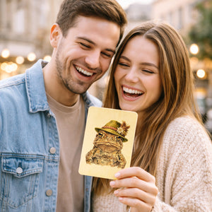 Erdkröte mit alpenländischem Trachtenhut Postkarte aus Holz