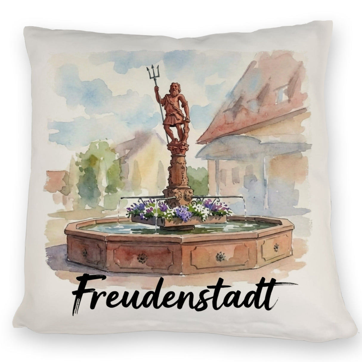 Brunnen Freudenstadt Kissen mit Aquarellmotiv