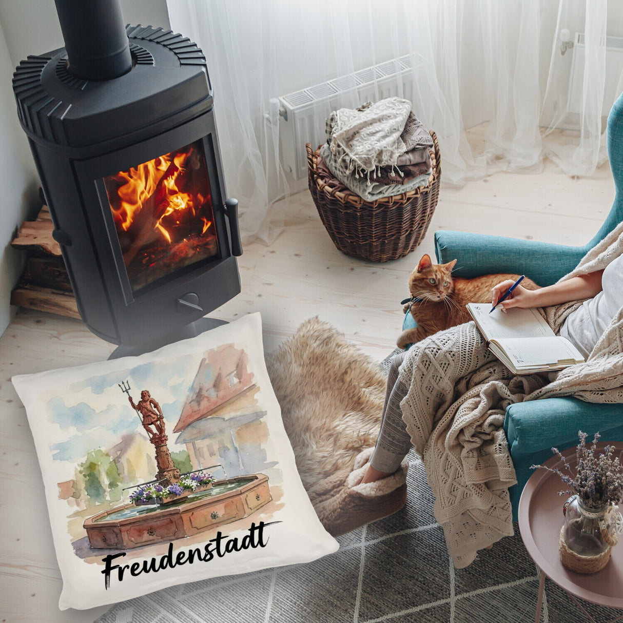 Brunnen Freudenstadt Kissen mit Aquarellmotiv