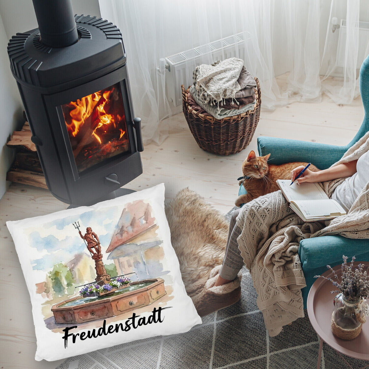 Brunnen Freudenstadt Kissen mit Aquarellmotiv