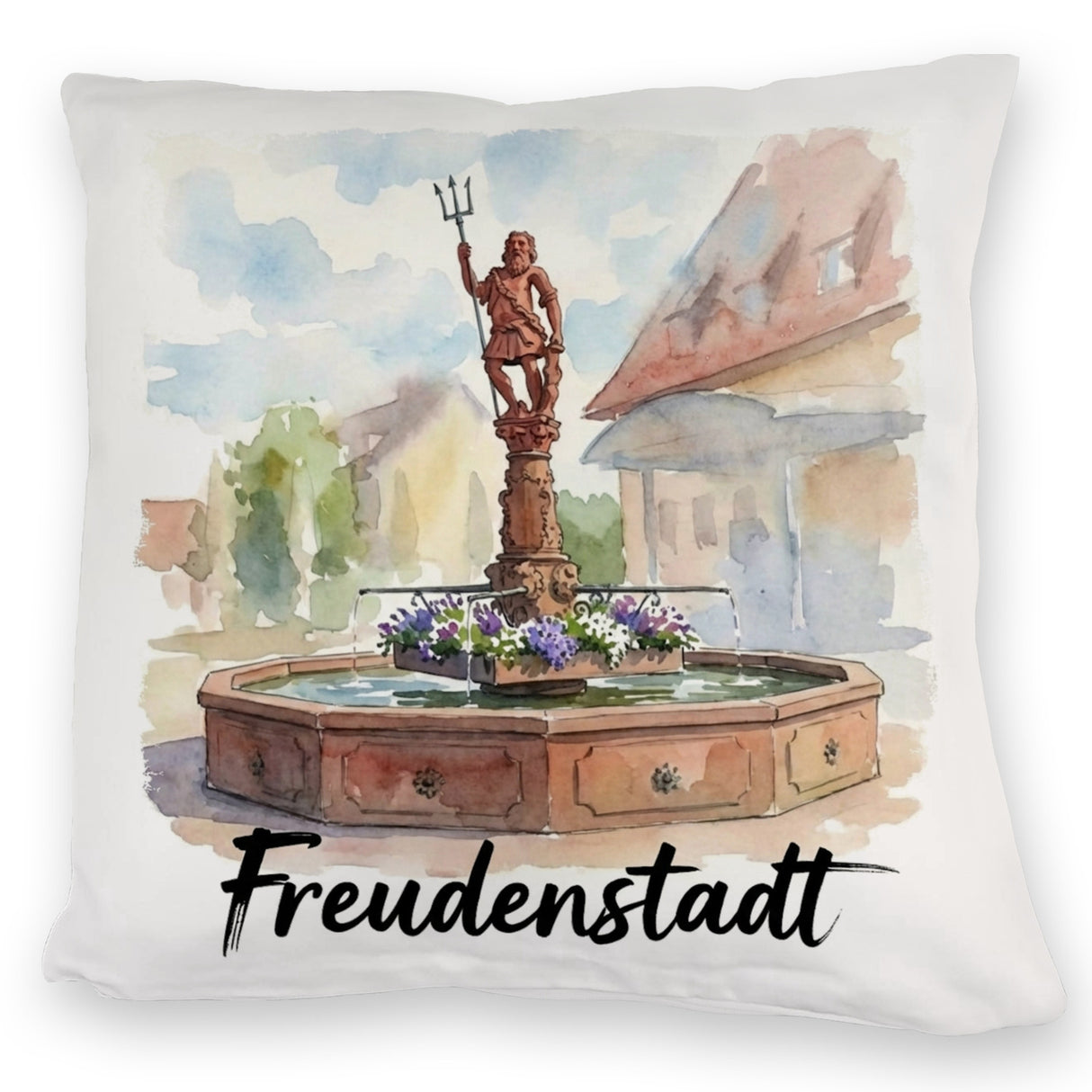 Brunnen Freudenstadt Kissen mit Aquarellmotiv