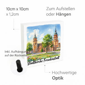 Stadtkirche Freudenstadt Holzbild in 10x10 cm zum Stellen oder Aufhängen Aquarell