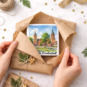 Stadtkirche Freudenstadt Holzbild in 10x10 cm zum Stellen oder Aufhängen Aquarell