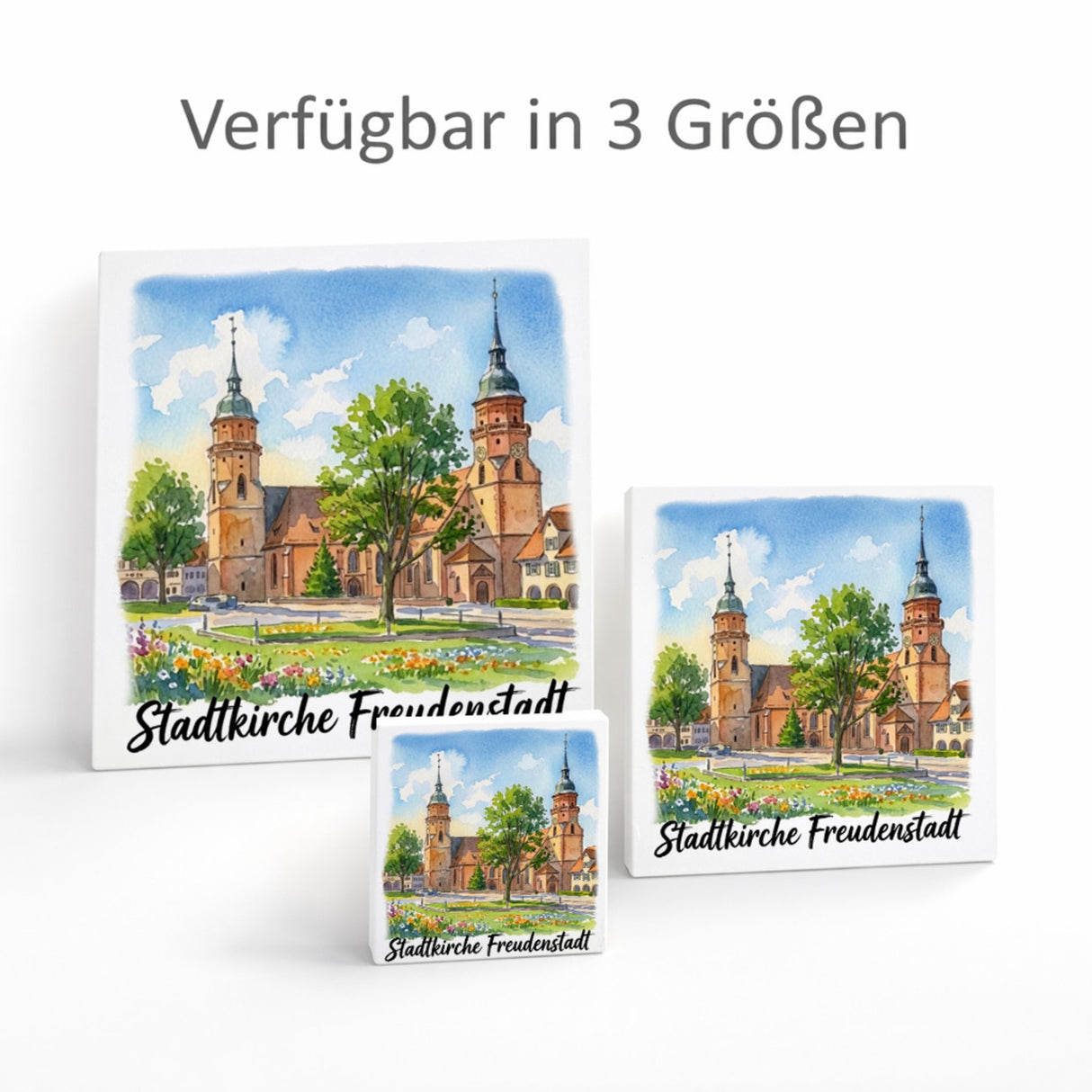 Stadtkirche Freudenstadt Holzbild in 10x10 cm zum Stellen oder Aufhängen Aquarell