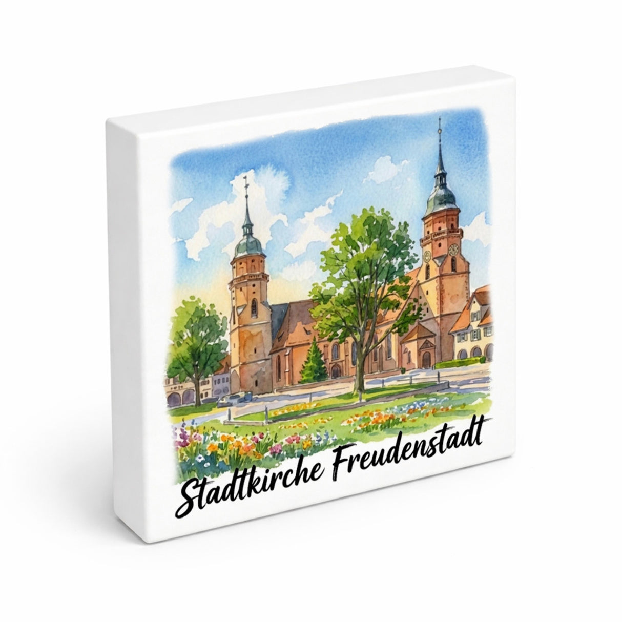Stadtkirche Freudenstadt Holzbild in 10x10 cm zum Stellen oder Aufhängen Aquarell