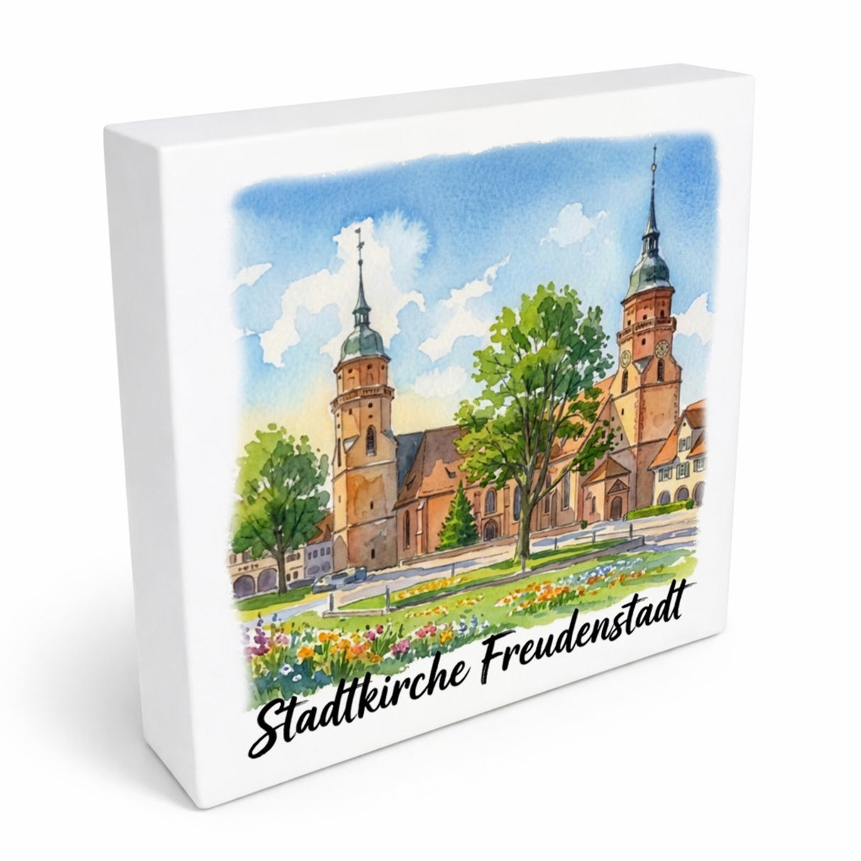 Stadtkirche Freudenstadt Holzbild in 10x10 cm zum Stellen oder Aufhängen Aquarell