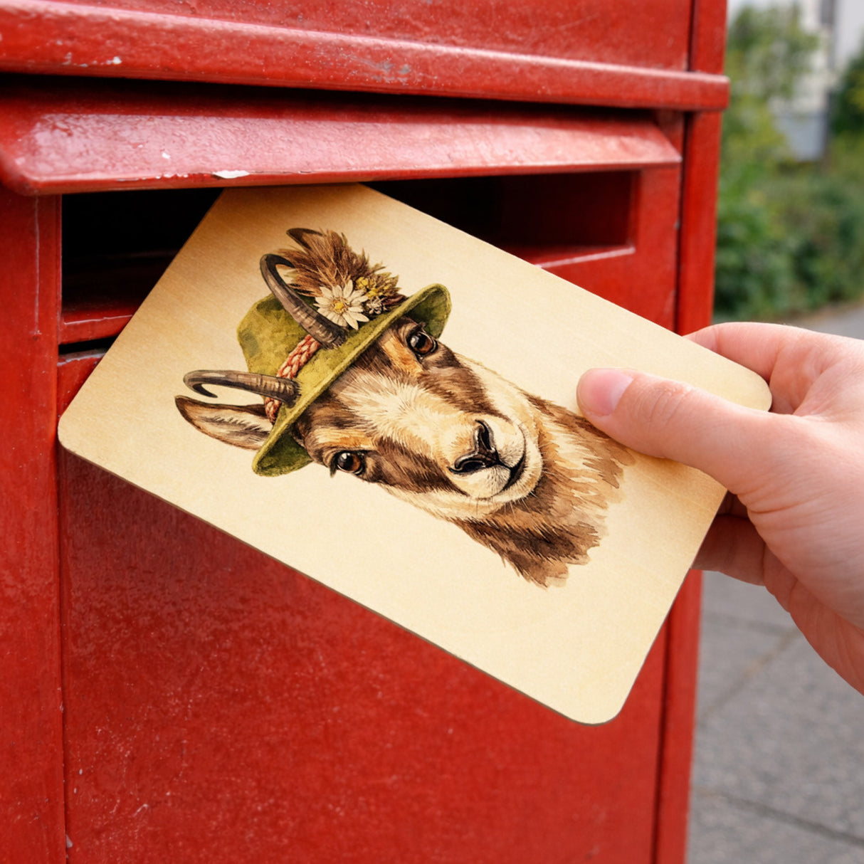 Gämse mit alpenländischem Trachtenhut Postkarte aus Holz
