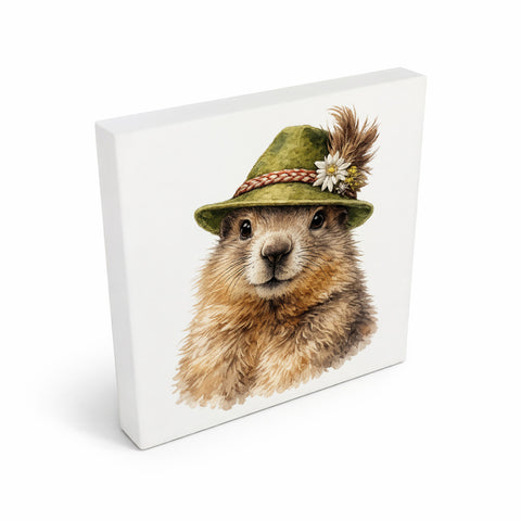 Trachtenhut Berge-Tiere Murmeltier Holzbild in 10x10 cm zum Stellen oder Aufhängen
