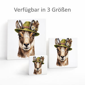 Trachtenhut Berge-Tiere Gämse Holzbild in 10x10 cm zum Stellen oder Aufhängen