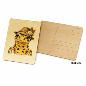 Feuersalamander mit alpenländischem Trachtenhut Postkarte aus Holz