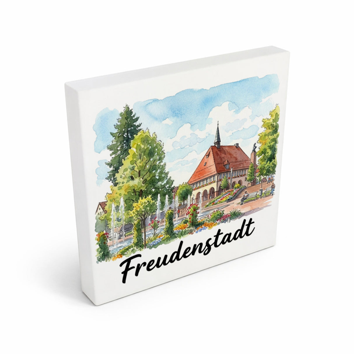 Freudenstadt Holzbild in 10x10 cm zum Stellen oder Aufhängen mit Rathaus-Motiv