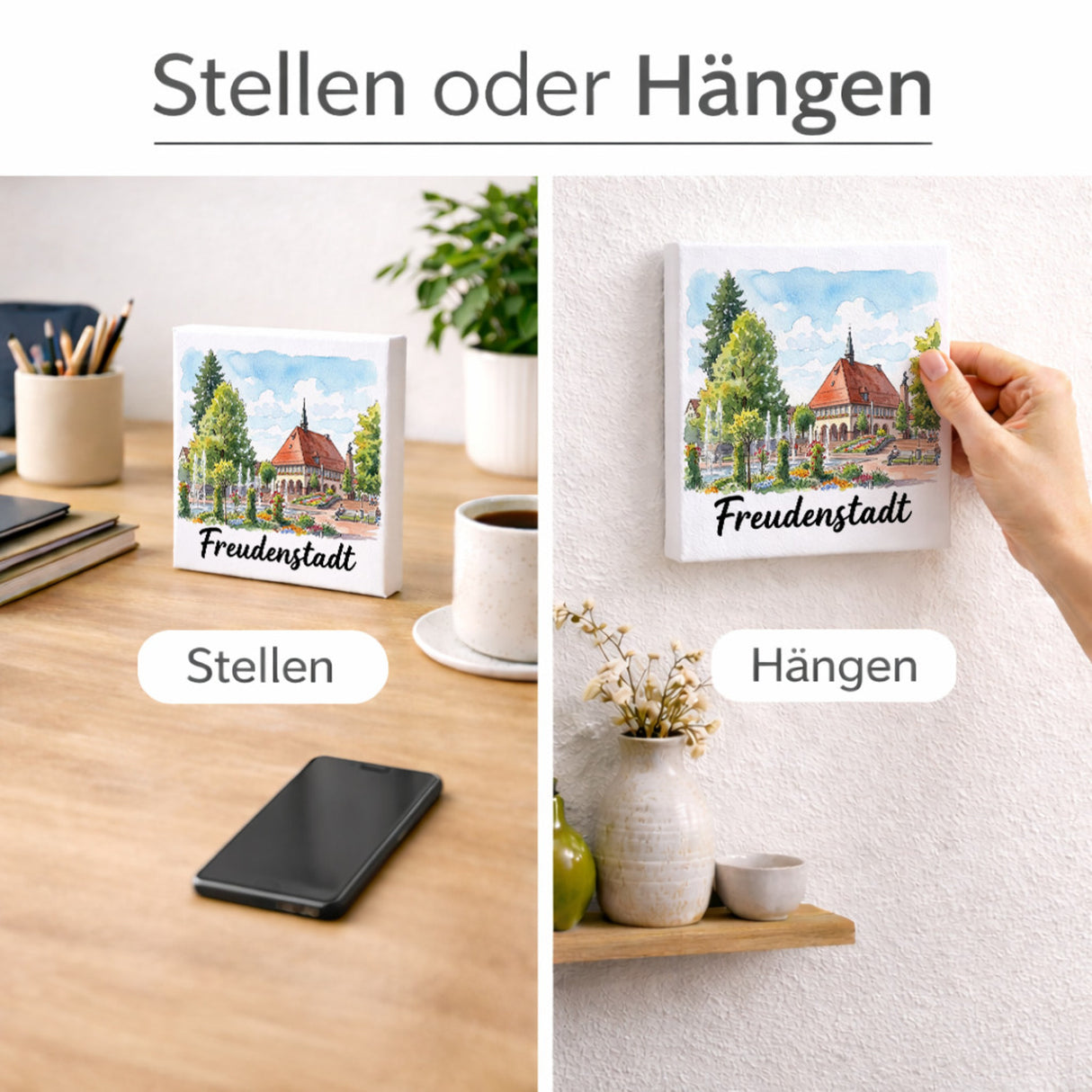 Freudenstadt Holzbild in 10x10 cm zum Stellen oder Aufhängen mit Rathaus-Motiv