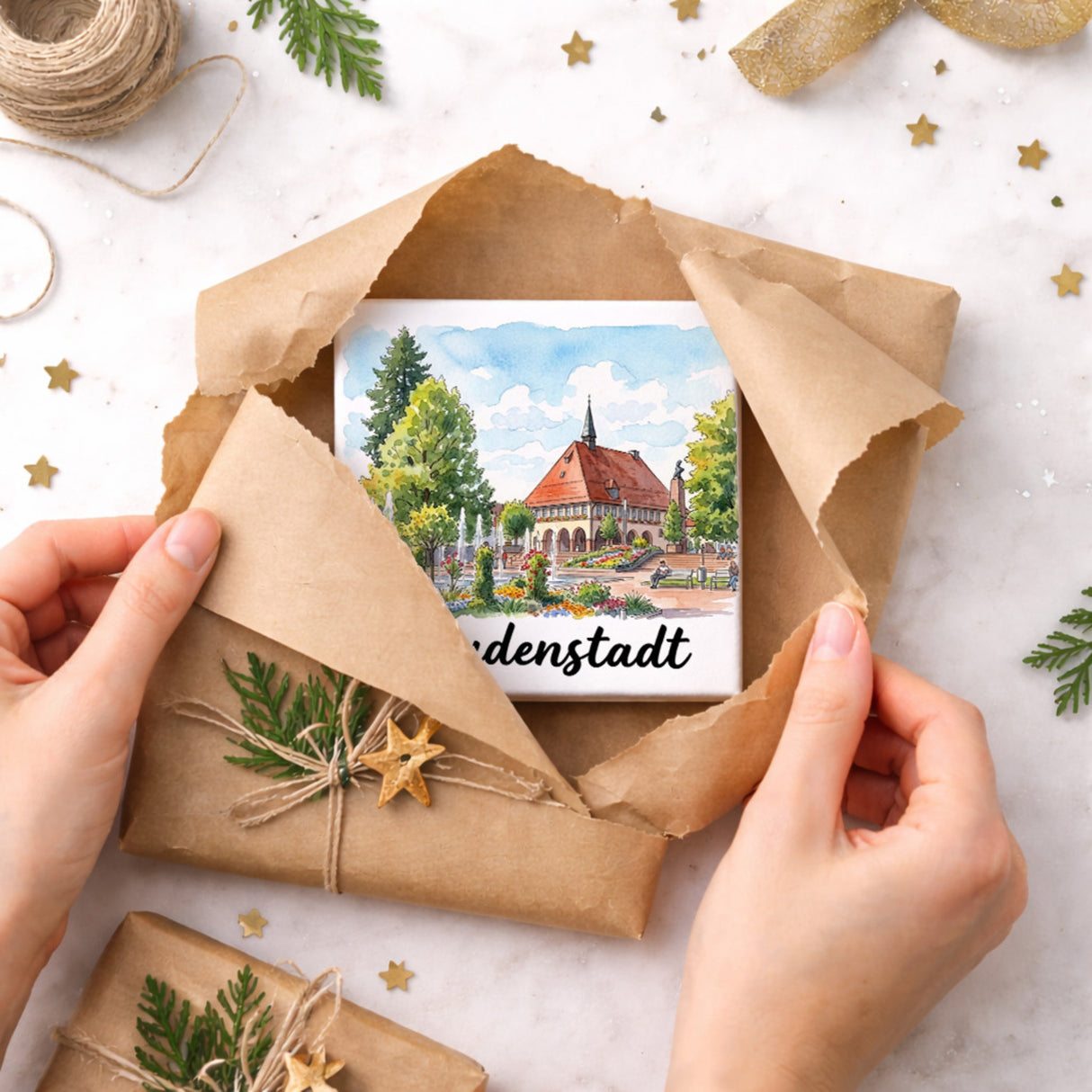 Freudenstadt Holzbild in 10x10 cm zum Stellen oder Aufhängen mit Rathaus-Motiv