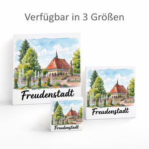 Freudenstadt Holzbild in 10x10 cm zum Stellen oder Aufhängen mit Rathaus-Motiv