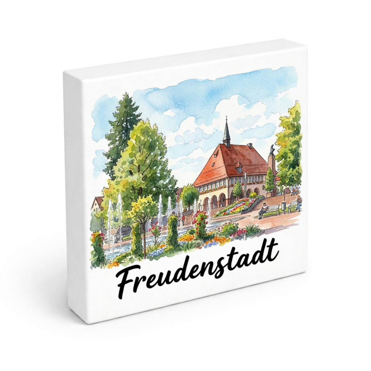 Freudenstadt Holzbild in 10x10 cm zum Stellen oder Aufhängen mit Rathaus-Motiv