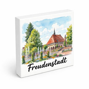Freudenstadt Holzbild in 10x10 cm zum Stellen oder Aufhängen mit Rathaus-Motiv