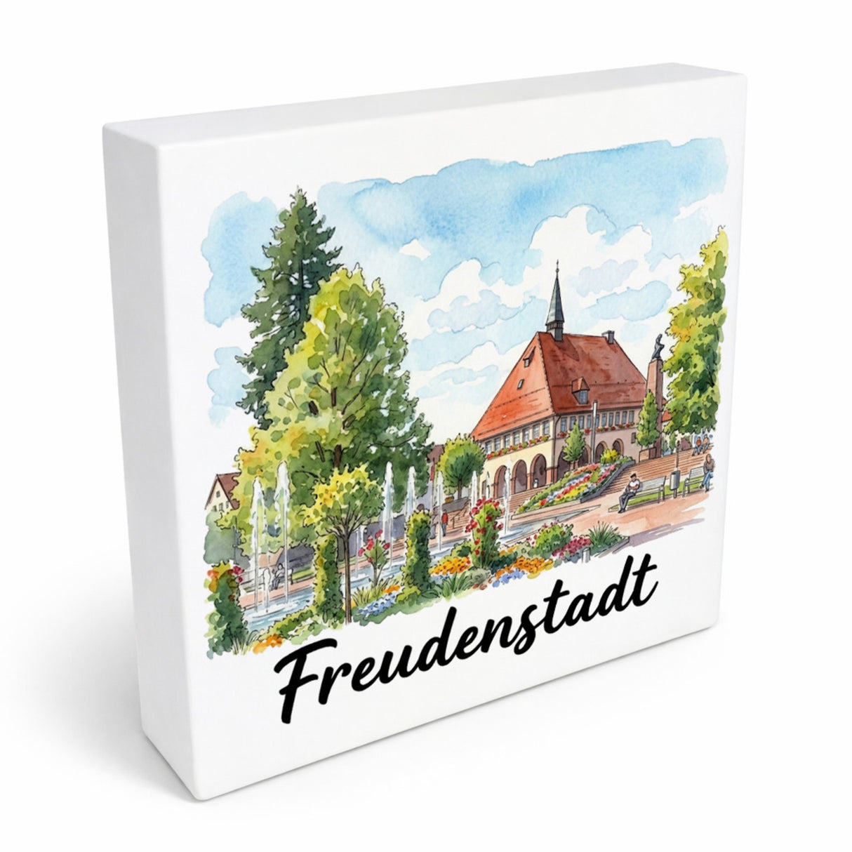 Freudenstadt Holzbild in 10x10 cm zum Stellen oder Aufhängen mit Rathaus-Motiv