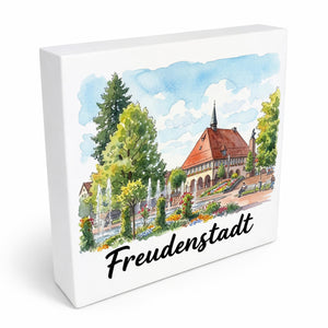 Freudenstadt Holzbild in 10x10 cm zum Stellen oder Aufhängen mit Rathaus-Motiv